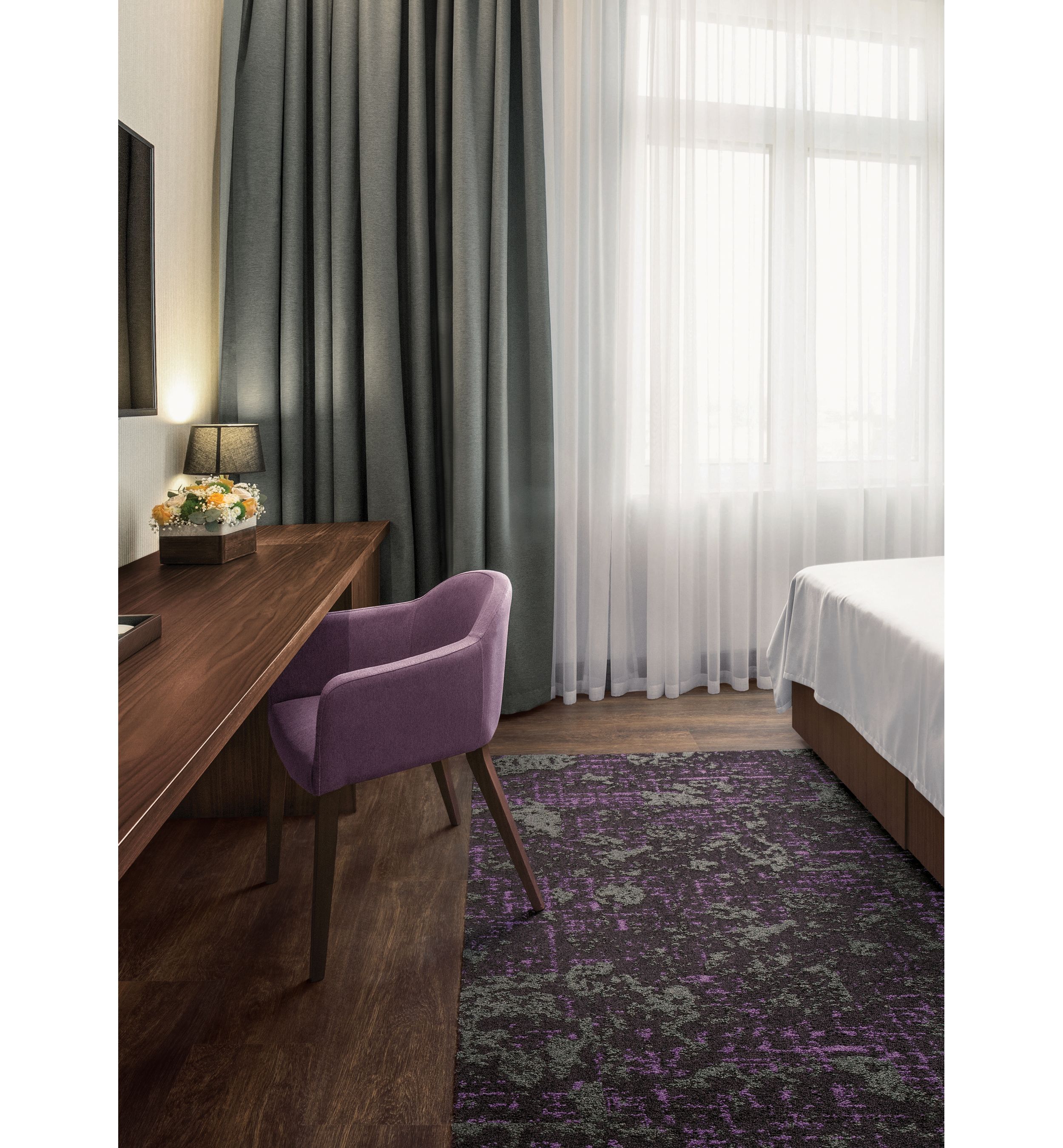 Interface Head in the Clouds carpet tile in hotel room with purple chair at desk image number 4